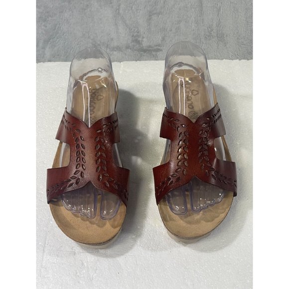 YOKONO Womens size 9.5 Redish Brown Strap Wedge Sandals Slip On Leather Cork - Picture 13 of 16